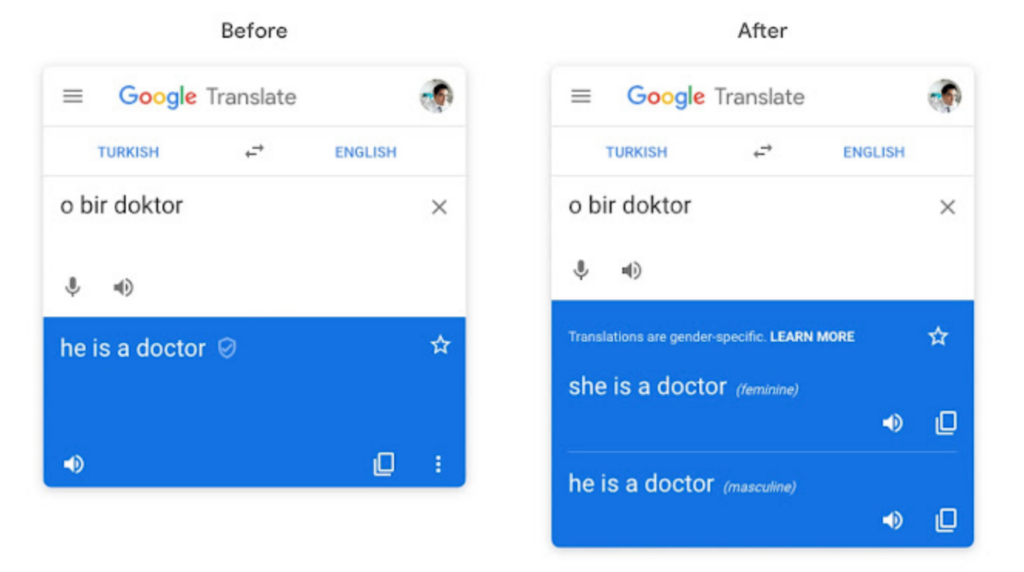 Example of Google Translate translation before and after the company addressed the binary gender bias in translation.