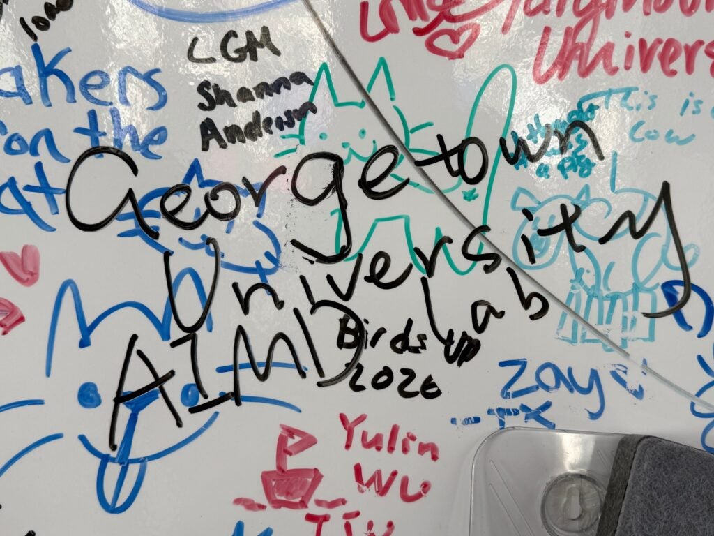 Whiteboard with dry erase marker "graffiti" and Georgetown University AIMD written over it all.