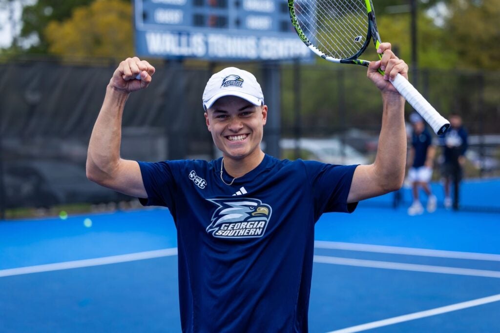 Laurent celebrating on the tennis court!